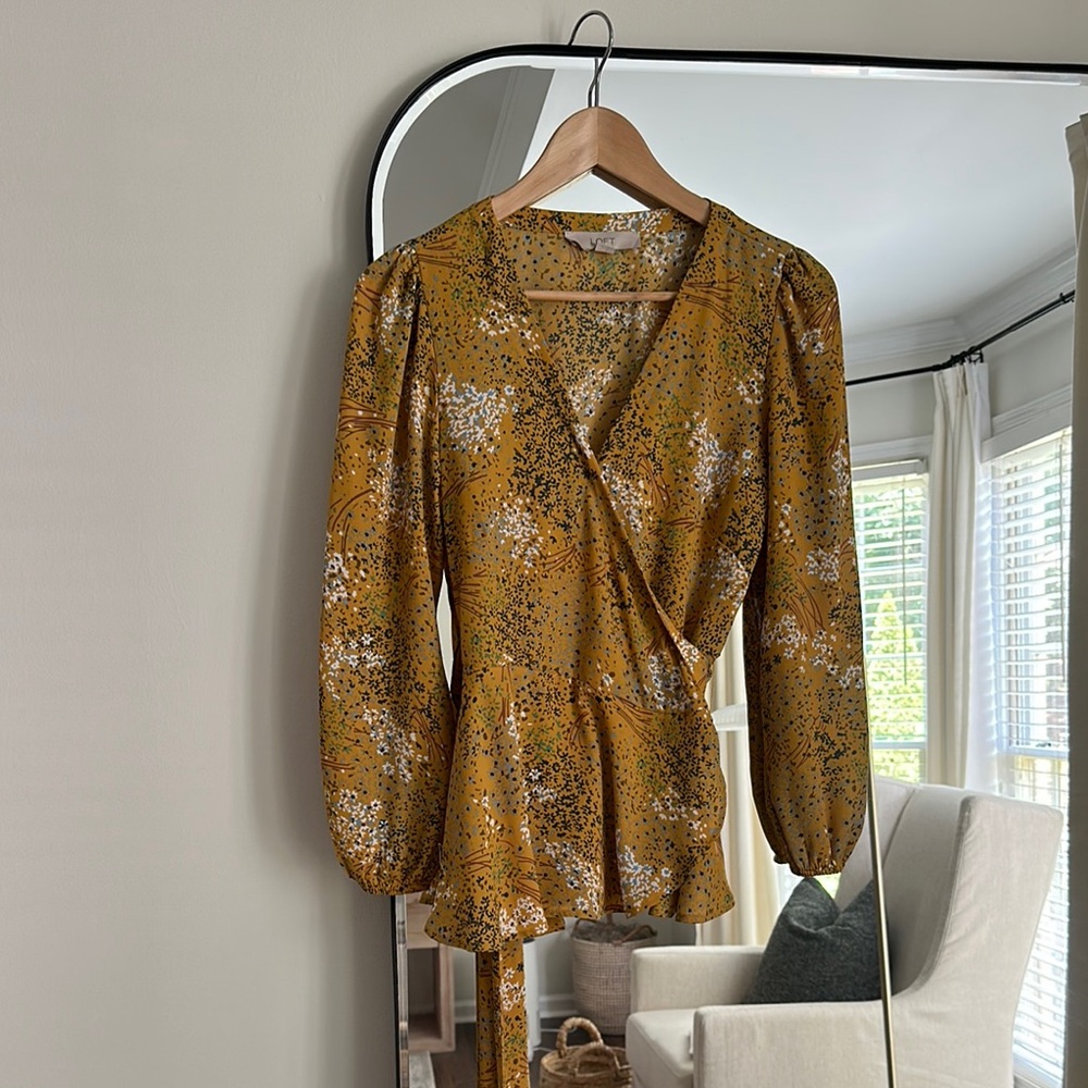 LOFT Yellow Wrap Peplum Blouse
